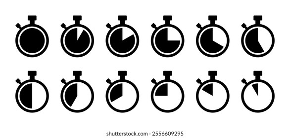 Stopwatch set flat style black vector isolated on white background.