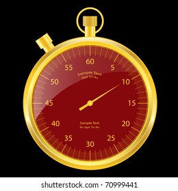Stopwatch set in a gold case with a red clock face. Isolated on black. Raster also available.