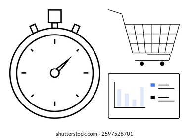 Stopwatch, shopping cart, and bar graph highlight time management, e-commerce, and performance analytics. Ideal for business strategy, time management, e-commerce, performance tracking, efficiency