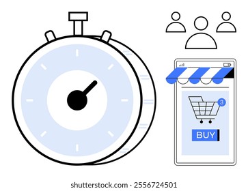Stopwatch with a shopping cart and three user icons Ideal for themes including online shopping, e-commerce, customer engagement, urgency in purchasing, and time management. Simple modern style