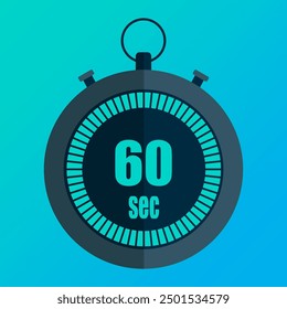 Stopwatch showing 60. Sixty seconds countdown. Bright blue gradient. Bold black outline. Vector illustration.