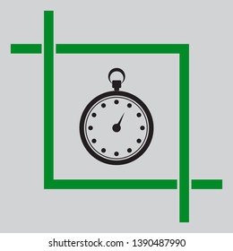 Stopwatch sign illustration. Black icon inside green crop tool at light gray background