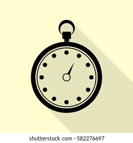 Stopwatch sign illustration. Black icon with flat style shadow path on cream background.