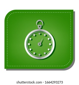 Stopwatch sign illustration. Silver gradient line icon with dark green shadow at ecological patched green leaf. Illustration.