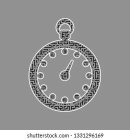 Stopwatch sign illustration. Vector. Black maze filled icon with white border at gray background.