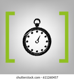 Stopwatch sign illustration. Vector. Black scribble icon in citron brackets on grayish background.