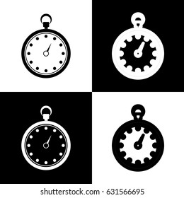 Stopwatch sign illustration. Vector. Black and white icons and line icon on chess board.