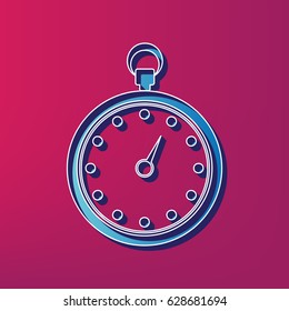 Stopwatch sign illustration. Vector. Blue 3d printed icon on magenta background.