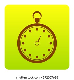 Stopwatch sign illustration. Vector. Brown icon at green-yellow gradient square with rounded corners on white background. Isolated.