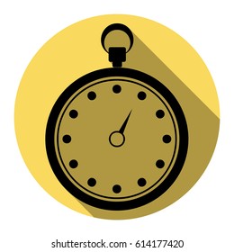 Stopwatch sign illustration. Vector. Flat black icon with flat shadow on royal yellow circle with white background. Isolated.