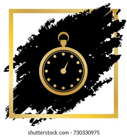 Stopwatch sign illustration. Vector. Golden icon at black spot inside golden frame on white background.