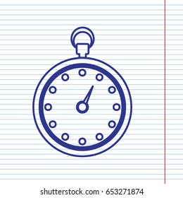 Stopwatch sign illustration. Vector. Navy line icon on notebook paper as background with red line for field.