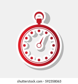 Stopwatch sign illustration. Vector. New year reddish icon with outside stroke and gray shadow on light gray background.