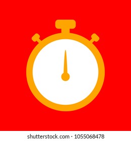Stopwatch sign illustration. Vector. Orange icon with white holes if exist at red background. Isolated.