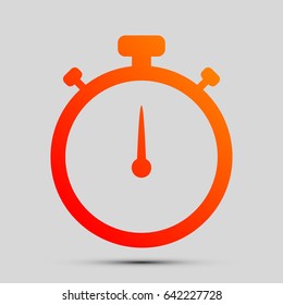 Stopwatch sign illustration. Vector. Orange, red-yellow icon with shadow on gray background.