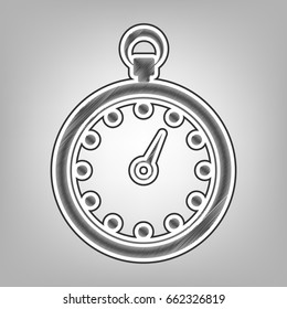 Stopwatch sign illustration. Vector. Pencil sketch imitation. Dark gray scribble icon with dark gray outer contour at gray background.