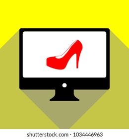 Stopwatch sign illustration. Vector. Red icon on white monitor of black all-in-one desktop computer with two shadows at yellow background.