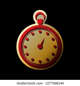 Stopwatch sign illustration. Vector. Red icon with small black and limitless shadows at golden sticker on black background.