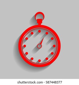 Stopwatch sign illustration. Vector. Red icon with soft shadow on gray background.