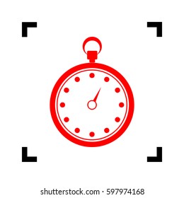 Stopwatch sign illustration. Vector. Red icon inside black focus corners on white background. Isolated.