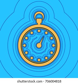Stopwatch sign illustration. Vector. Sand color icon with black contour and equidistant blue contours like field at sky blue background. Like waves on map - island in ocean or sea.