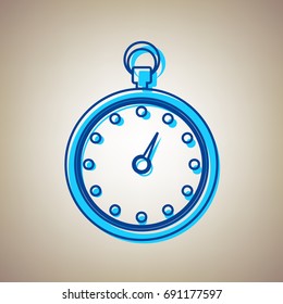 Stopwatch sign illustration. Vector. Sky blue icon with defected blue contour on beige background.