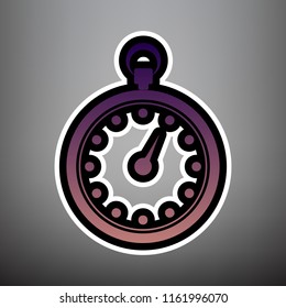 Stopwatch sign illustration. Vector. Violet gradient icon with black and white linear edges at gray background.