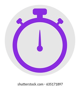 Stopwatch sign illustration. Vector. Violet flat icon on light gray circle at white background. Isolated.