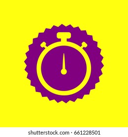 Stopwatch sign illustration. Vector. Violet label with hole as icon on yellow background.
