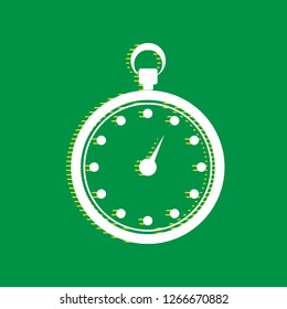 Stopwatch sign illustration. Vector. White flat icon with yellow striped shadow at green background.
