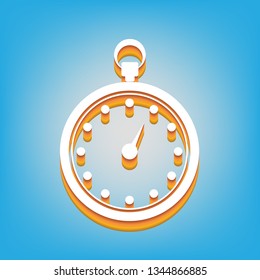 Stopwatch sign illustration. Vector. White icon with 3d warm-colored gradient body at sky blue background.