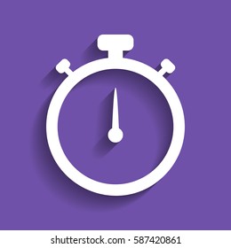 Stopwatch sign illustration. Vector. White icon with soft shadow on grape violet background.