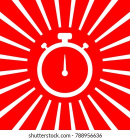 Stopwatch sign illustration. Vector. White icon on red sun with rays as background. Isolated.