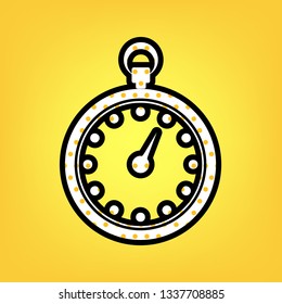 Stopwatch sign illustration. Vector. Yellow polka dot white icon with black contour at warm yellow background.