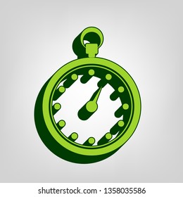 Stopwatch sign illustration. Vector. Yellow green solid icon with dark green external body at light colored background.