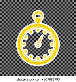 Stopwatch sign illustration. Vector. Yellow icon with white contour on dark transparent background.