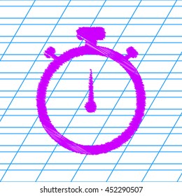 Stopwatch sign illustration. Violet scribble icon with school paper.