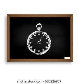 Stopwatch sign illustration. White chalk icon on black school