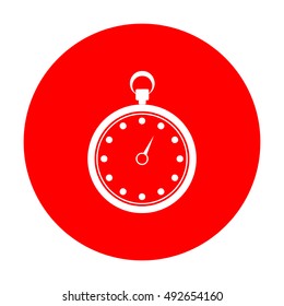 Stopwatch sign illustration. White icon on red circle.