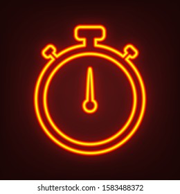 Stopwatch sign illustration. Yellow, orange, red neon icon at dark reddish background. Illumination. Illustration.