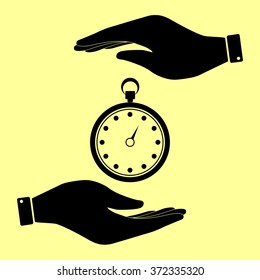 Stopwatch sign. Save or protect symbol by hands.