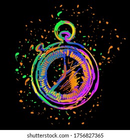 stopwatch. simple icon. Colored ink with splashes on black background