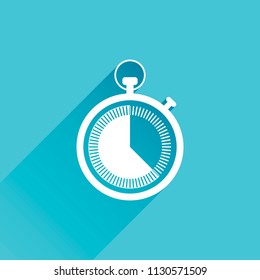 stopwatch. simple icon. Gray icon with long shadow in bottom left corner on blue background