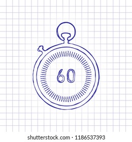 stopwatch. simple icon. Hand drawn picture on paper sheet. Blue ink, outline sketch style. Doodle on checkered background