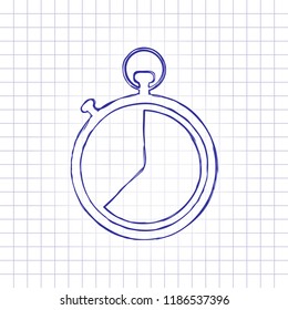 stopwatch. simple icon. Hand drawn picture on paper sheet. Blue ink, outline sketch style. Doodle on checkered background