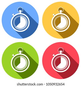 stopwatch. simple icon. Set of white icons with long shadow on blue, orange, green and red colored circles. Sticker style