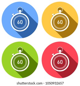 stopwatch. simple icon. Set of white icons with long shadow on blue, orange, green and red colored circles. Sticker style