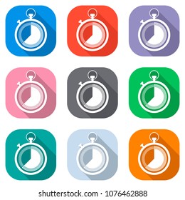 stopwatch. simple icon. Set of white icons on colored squares fo