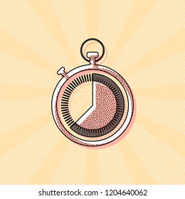 stopwatch. simple icon. Vintage retro typography with offset printing effect. Dots poster with comics pop art background