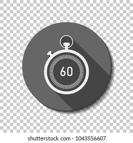 stopwatch. simple icon. White flat icon with long shadow in circle on transparent background